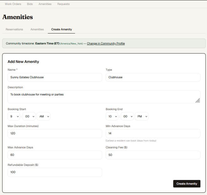 PropMIS amenity booking interface showing available time slots and reservation management
