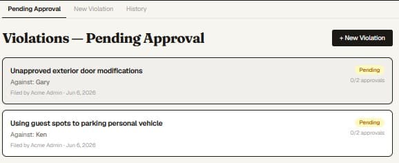 PropMIS violation tracking showing violation lifecycle from notice to resolution