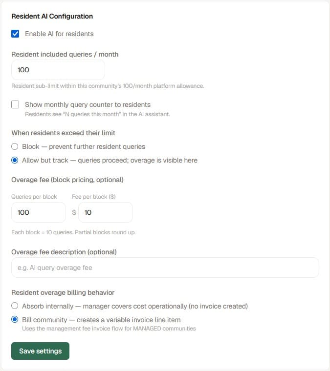 PropMIS AI revenue management dashboard showing usage metering and community AI controls