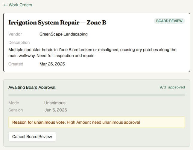 PropMIS board governance dashboard showing approval workflows and decision history