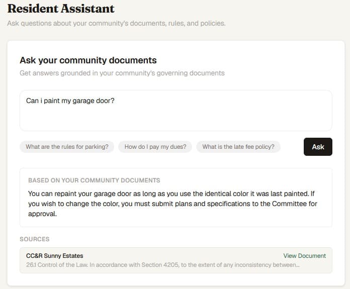 PropMIS AI-powered document search returning answers from uploaded community documents