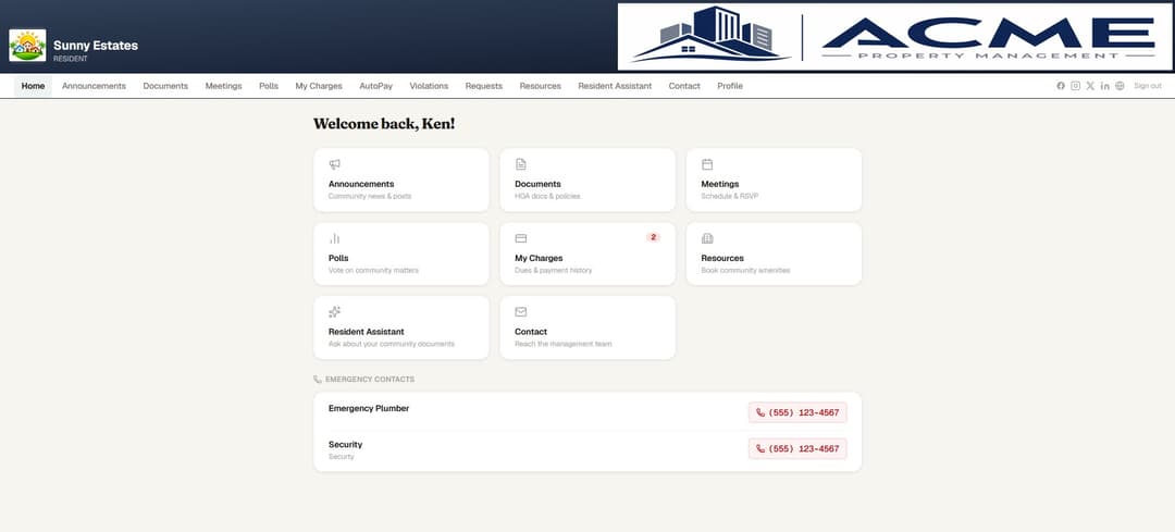 PropMIS branded resident portal dashboard with announcements, documents, and payments