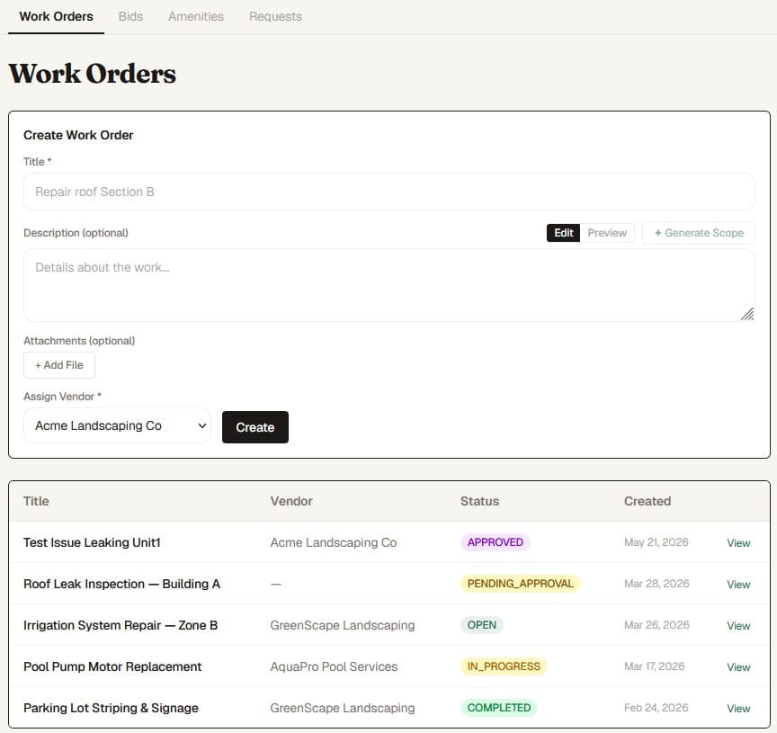 PropMIS work order management showing status tracking and vendor assignment